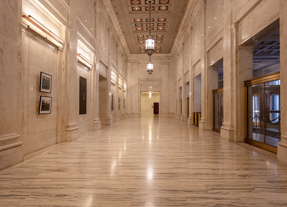 Marble lobby of the Thurgood Marshall United States Courthouse in Manhattan